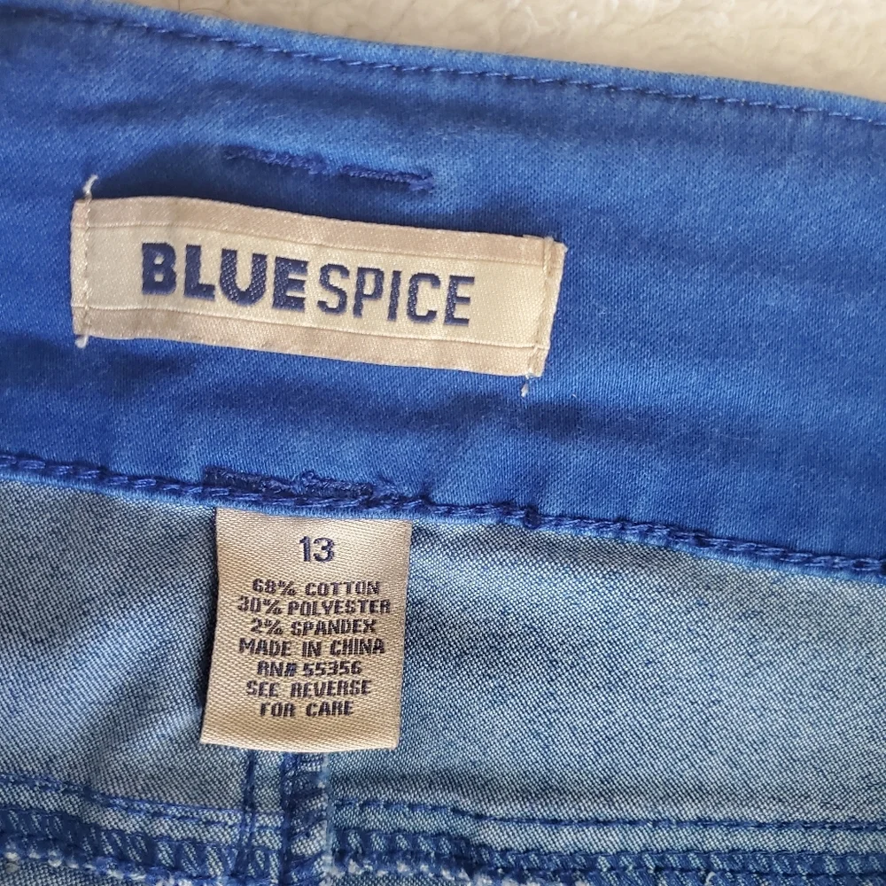 Blue Spice 13 Blue Skinny Ankle Mid Rise Pants Five Pockets Colorful Festive Fun